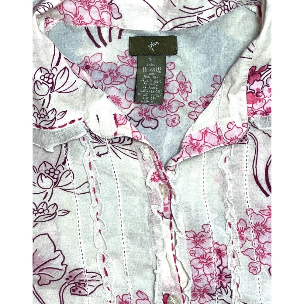 Anthropologie Floral Pintuck Ruffle Trim Cotton Blouse Size 10 - Picture 3 of 9